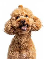 Fototapeta premium Cheerful Poodle with a smiley emoticon, balancing a small squeaky toy on its head, facing the camera against a pure white background.