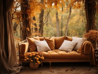 A plush, velvet-upholstered sofa sits in an autumnal setting, nestled under the shade of trees with leaves blanketing the ground around it and pumpkins scattered about, creating a cozy fall atmosphere