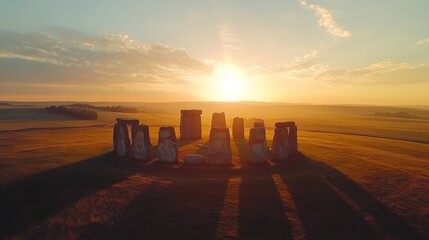 Sunset over Stonehenge, showcasing ancient stone circle against a serene sky