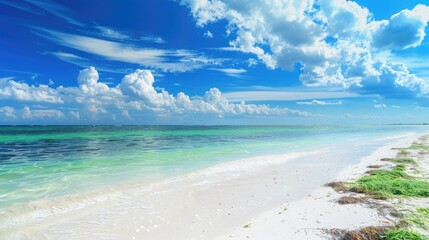 Fototapeta premium Tropical beach with white sand sargassum emerald ocean and blue sky
