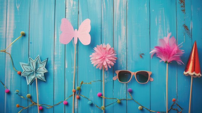 Vintage themed Party Photo Booth Props on Blue Wooden Background