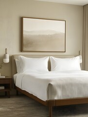 A minimalist bedroom with a king-size bed, white bedding, and a framed landscape painting above the headboard.