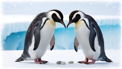 Obraz premium This photograph captures a touching moment between a pair of penguins displaying courtship behavior, a significant part of their bonding process.