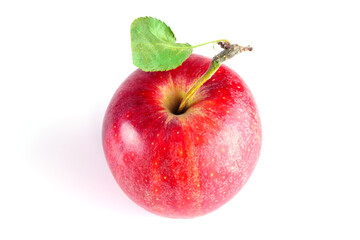 Juicy Red Apple With Green Leaf Isolated on White Background