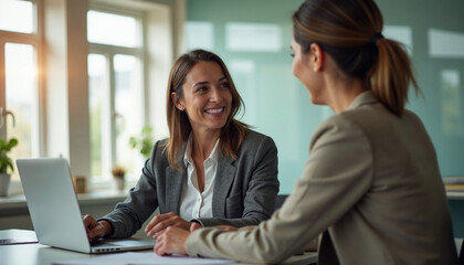 Two women are sitting at a desk, smiling and talking
