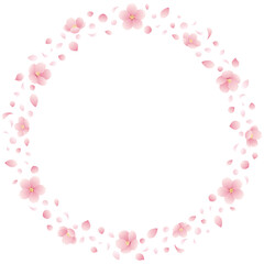 グラデーションな桜の花と花びらの丸フレームのイラスト