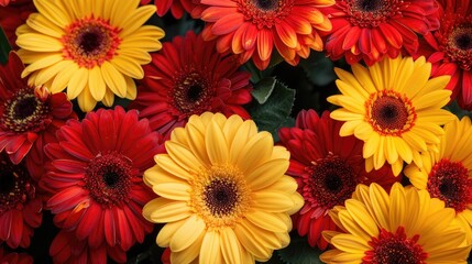 Vibrant red and yellow gerbera flowers with big petals