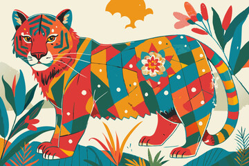 Colorful Patchwork Tiger Illustration in a Tropical Setting