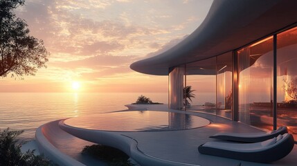 Fototapeta premium Beautiful modern beachfront villa with a futuristic design, featuring expansive windows with stunning sunset ocean views
