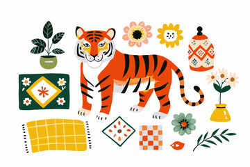 Fototapeta premium Colorful Illustration of Tiger and Bohemian Decor Elements