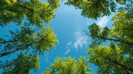 Obraz premium Green trees and blue sky viewed from above
