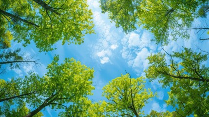 Green trees and blue sky viewed from above