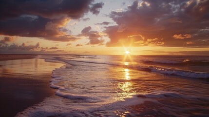 Naklejka premium Tranquil sunset scene at beach with cloudy winter sky
