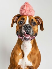 A charming Boxer dog playfully posing for the camera with a smiley emoticon, wearing a roll of toilet paper on its head, against a pure white background