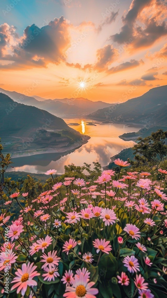 Poster a beautiful field of pink flowers with a sun setting in the background
