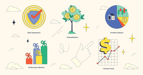Illustration of asset management concepts like risk assessment, diversification, and growth trend in neubrutalism style collection.