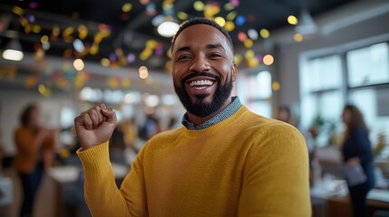 Naklejka premium Happy businessman celebrating success in office.