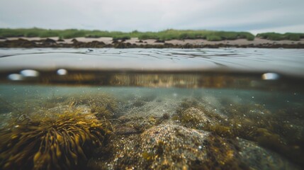 Naklejka premium Underwater split image with murky river water during low tide appears blurry