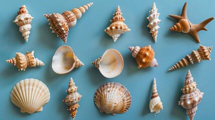 Obraz premium Uncommon seashells displayed against a blue backdrop