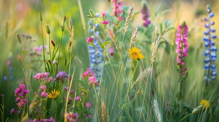 Vibrant flowers in field amidst lush grass and wheat ears