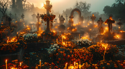 Illuminated Cemetery Graveyard at Night -  Photo