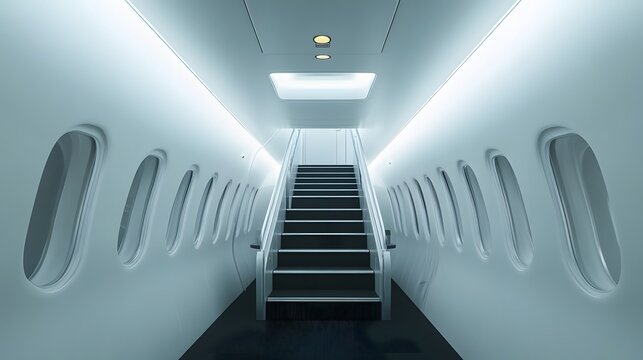 Airplane Interior with Stairway and Multiple Windows