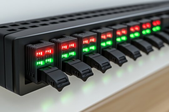 Close up of black switchgear panel with illuminated green and red indicators representing power distribution and control in modern electrical infrastructure systems
