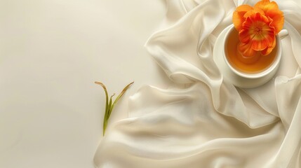 Voile fabric background with tea mug orange flower top view suitable for text