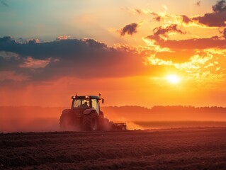 Fototapeta premium Agricultural combine harvesting on the farming field, beautiful sunset in the background. Agriculture food industry