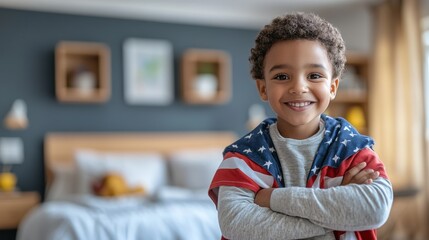Happy young boy with American flag.