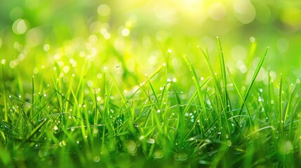 Obraz premium Vivid Green Grass on Meadow with Morning Dew in Summer Light Beautiful Nature Image