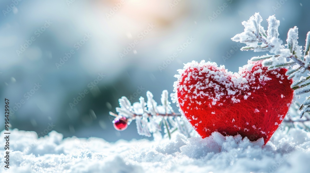 Poster valentine s day postcard with heart in snowy background and room for text