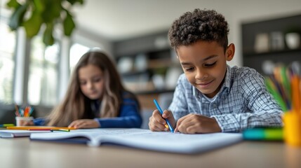 Obraz premium Boy drawing in a notebook with colored pencils.
