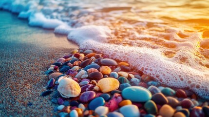 A colorful beach with vibrant stones and shells scattered along the shore