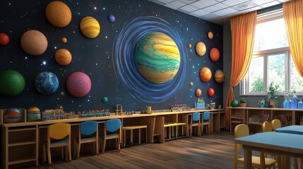 A colorful presentation on the solar system displayed in a science classroom