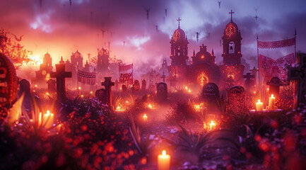 3D Illustration of a Graveyard with Candles and a Church in the Background