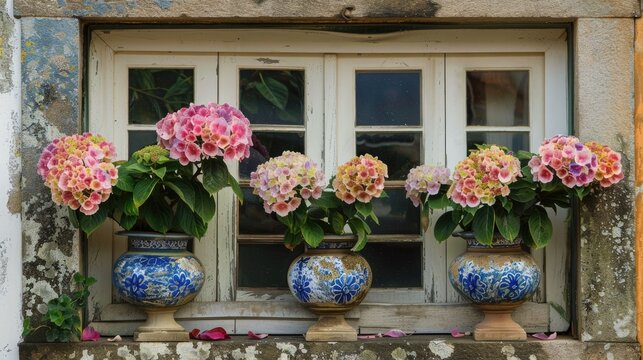 Flower receptacles displayed in Portuguese window