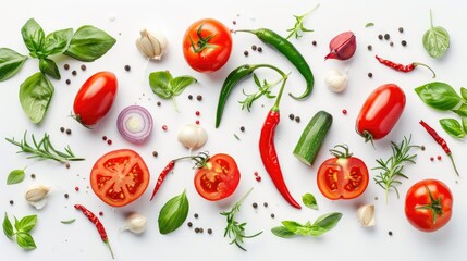 Vegetable soup ingredients on white background Healthy food concept Creative flat lay view