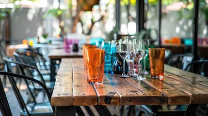 Vintage bar setup with wooden table metal chairs and colorful glasses on white surface
