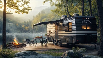 A modern travel trailer with a BBQ grill outside, ready for a meal at a scenic campsite