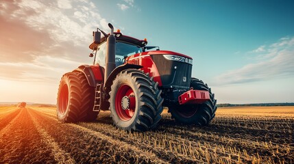 Obraz premium Red tractor driving through a field at sunset.