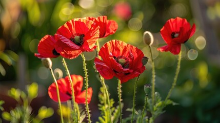 Naklejka premium Vibrant red poppies in the sunlight on a summer day outdoors