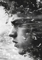 Surreal Black and White Double Exposure of Man with Ocean and Birds