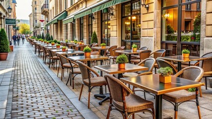 Outdoor restaurant terrasse with empty tables and chairs on a sidewalk , outdoor, cafe, restaurant, terrace, sidewalk, tables