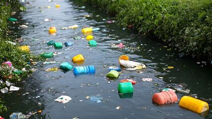 Fototapeta premium A small canal filled with plastic waste and garbage, an example of environmental pollution.