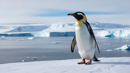 Obraz premium This stunning photograph captures the essence of strength and solitude as a lone penguin stands proudly on a massive iceberg, surrounded by the vast, icy expanse of the polar region.