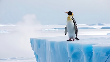 Obraz premium This stunning photograph captures the essence of strength and solitude as a lone penguin stands proudly on a massive iceberg, surrounded by the vast, icy expanse of the polar region.