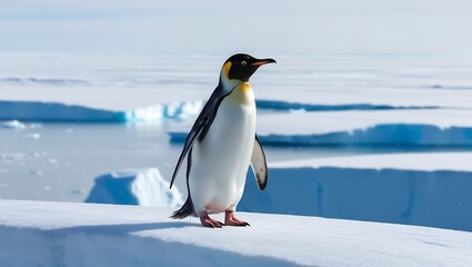Obraz premium This stunning photograph captures the essence of strength and solitude as a lone penguin stands proudly on a massive iceberg, surrounded by the vast, icy expanse of the polar region.