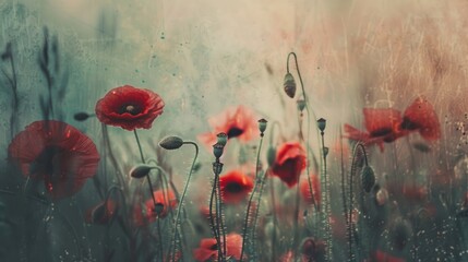 Obraz premium Vintage style photo of red poppies in a meadow with selective focus