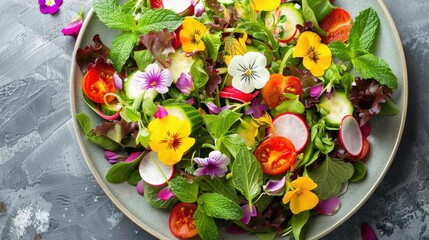Fresh vegetable salad garnished with flowers and mint